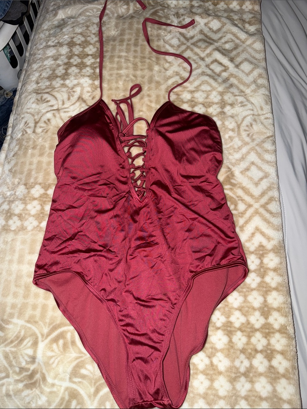 Plunge Lace-Up Burgundy One-Piece Swimsuit